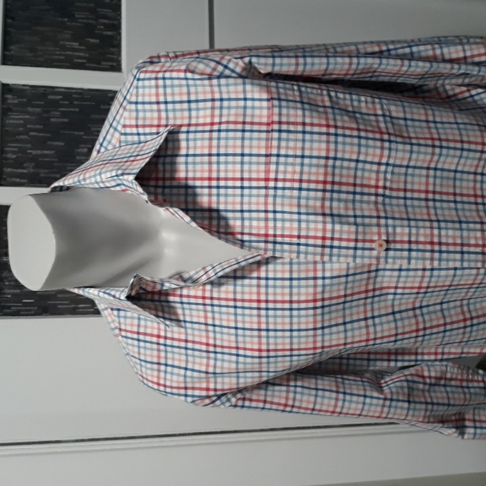 Orvis pink, red and blue plaid cotton shirt.  Medium